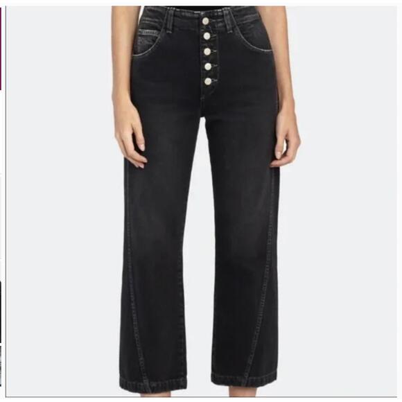 AMO Dock Pant 28 Vintage Black Wide Leg Jeans High Rise Button Fly
